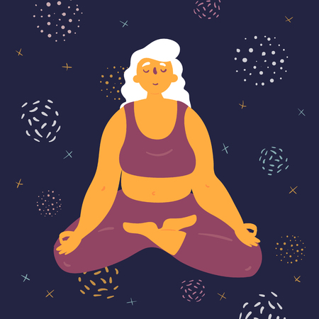 Body positive woman in lotus pose. Plus size model makes asana in the space. Young girl crossed her legs and meditated. Zen relaxation.  How to do yoga exercise. Flat vector illustrationのイラスト素材