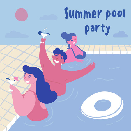 Summer pool cocktail party. Women and man with alcohol in the swimming pool with inflatable circle. Young girls in bikini, swimsuit, one guy are drinking in the water.  Three friends.  Flat cartoonのイラスト素材