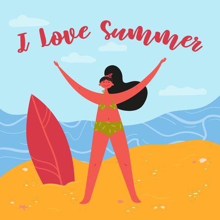 I love summer quote. Girl surfer stands on the sand near the sea, ready for summer waves. Hand lettering. Perfect young woman in bikini with stretched arms towards sun and adventures. Vector flatのイラスト素材