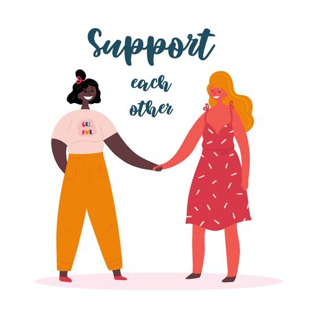 Support each other. Grl pwr. Two young women or girls standing together and holding hands. Group of friends or feminist activists. Feminism, strong woman concept, girl power. Multi-ethnic group. Flatのイラスト素材