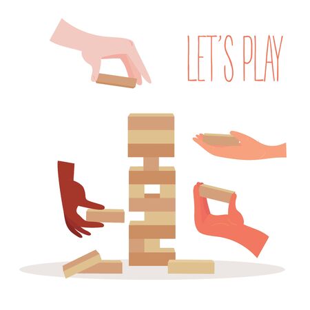 Tower balance game. Wooden stack block toy. Different positions. Hands with separate pieces of blocky, risk game. Vector illustration isolated on white background.のイラスト素材