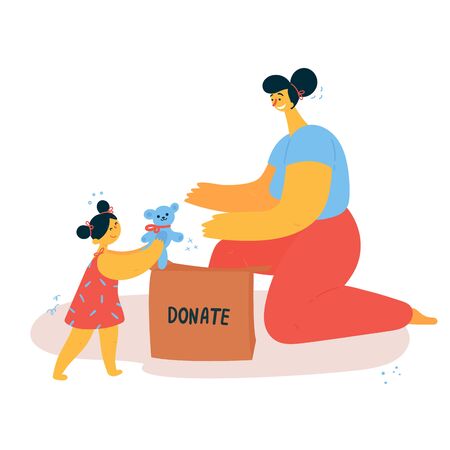 A woman and her daughter sort things and put them into a donation box. The child donates toys for charity. Minimalistic lifestyle concept.Conscious consumption. Vector illustration.のイラスト素材