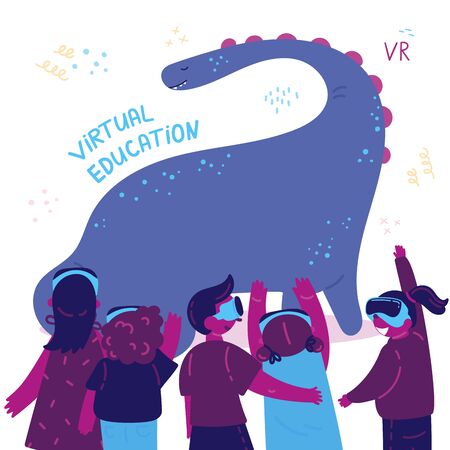 VR excursion.A group of excited children looking at a dinosaur in virtual reality wearing virtual reality goggles.Kids play and learn.Using virtual reality for education. Vector illustration.のイラスト素材