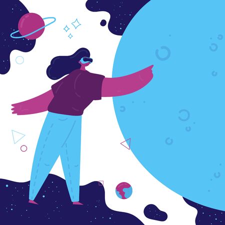 Virtual reality concept.Enthusiastic young girl uses virtual reality goggles and gets into space.Space simulator for the study of astronomy.Using virtual reality for education.Future technology.Vectorのイラスト素材