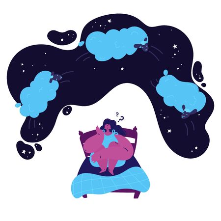  young woman with insomnia sits on a bed and counts the sheep jumping over her in the starry sky.Woman suffering from insomnia.Girl thinks how to sleep and counts sheep.Vector illustrationのイラスト素材