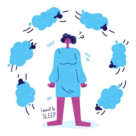 young woman with insomnia stands and counts the sheep jumping over her.Woman suffering from insomnia in pajamas.Girl thinks how to sleep and counts sheep.I want to sleep.Vector illustrationのイラスト素材