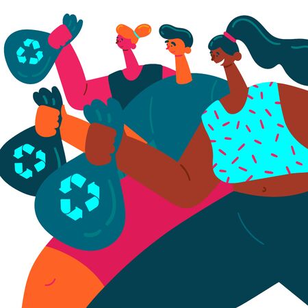 Plogging. Young men and women pick up litter during plogging in nature. Group of friends collect garbage while running. Eco and environment friendly ecological concept. Flat. Vector illustration.のイラスト素材