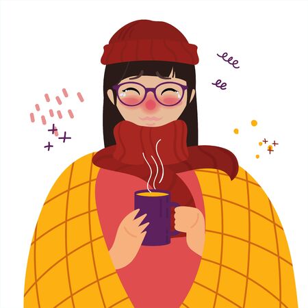 Young girl in glasses and red hat caught cold flu or virus. With red nose, high temperature and holds cup of tea. Vector isolated objects on white backgroundのイラスト素材