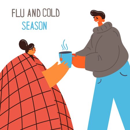 Young girl with blanket caught cold flu or virus.The guy gives tea to his girl caught cold or flu. Care for a sick partner.With high temperature and hold cap of hot tea.Vector.Flu and cold season.のイラスト素材