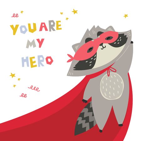 Cute raccoon in superhero costume. You are my hero text. Animal with extraordinary flying abilities wear mask of a hero and purple cloak. Flat vector illustration.Stars and abstract elementsのイラスト素材