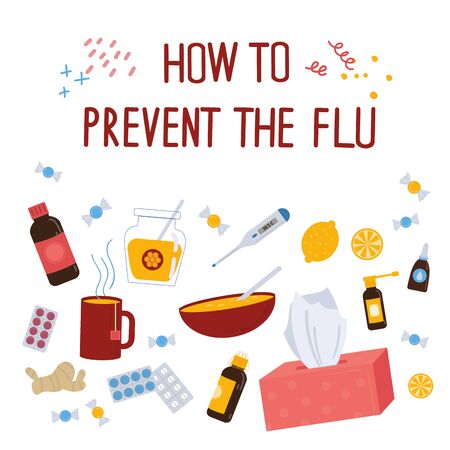 How to prevent the flu concept.Caught cold flu or virus. Ways to treat illness around. Vector isolated objects on white background. Flu treatment object.のイラスト素材