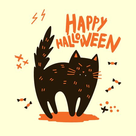 Greeting card with black cat .Halloween party invitations or greeting cards with handwritten calligraphy and traditional symbols. Happy Halloween.Flat design.Vector illustrationのイラスト素材