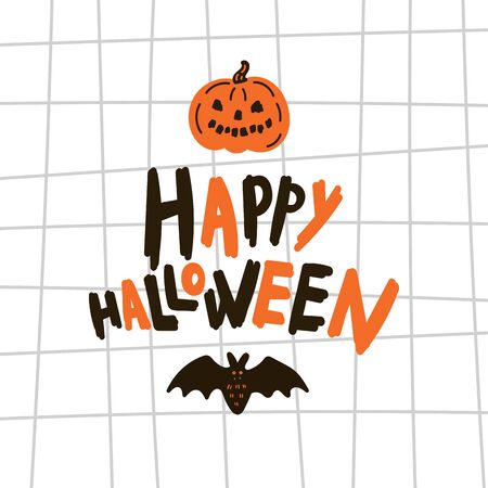 Greeting card with pumpkin.Halloween party invitations with handwritten calligraphy and notebook paper texture cell template.Happy Halloween text.Flat design.Vector.Poster with bets and textのイラスト素材
