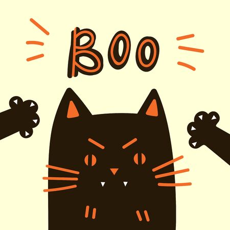  Greeting card with black cat.Halloween party invitations or greeting cards with handwritten calligraphy and traditional symbols. Happy Halloween.Boo text.Flat design.Vector illustrationのイラスト素材
