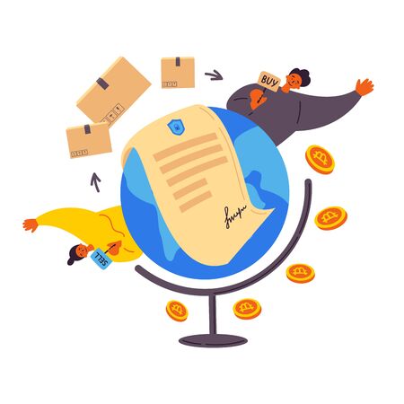 Blockchain contract between people around the world.Buying things through a smart contract.Man and woman with tablets buy and sell.Shipping between countriesAn innovative contract.Payment by bitcoins.のイラスト素材