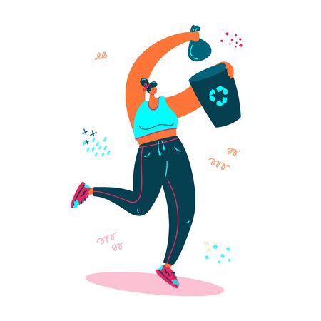 Plogging. Young women pick up litter during plogging in nature.She collect garbage while running and throws it in the bin. Eco and environment friendly ecological concept. Flat. Vector illustration.のイラスト素材