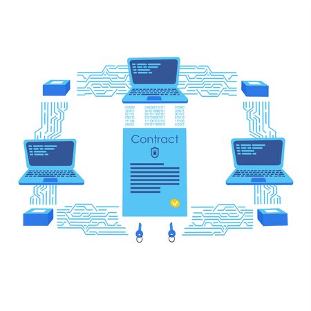 Smart contract concept.Conclude a blockchain contract via laptop.Electronic contract with access key and security lock.Contract with information.Vector Illustration flat.のイラスト素材