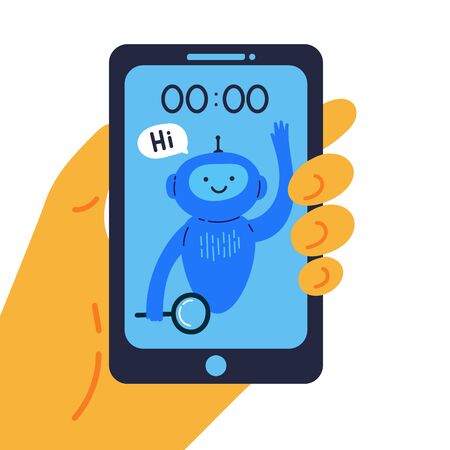 Phone with chat bot in a hand that is ready to help flat vector illustration.Round-the-clock assistance online.The chat bot on the phone ready to answer requests at night.Online support.Info searchのイラスト素材
