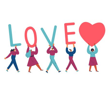 Group of different young confident women and man carry letters LOVE and giant heart.Template design for valentine day.Love text.Cartoon characters.Colorful vector illustration on wite background.のイラスト素材