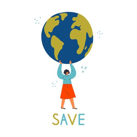 Young confident woman holding the Earth globe.Eco and environment friendly ecological concept.Save text.Happy Earth day poster.Cartoon character.Colorful vector illustration on wite background.のイラスト素材