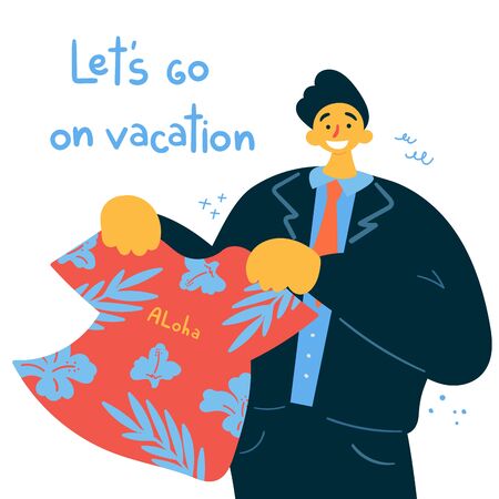 Emotional burnout. Boss offering a vacation.Man holding a T shirt with an inscription Aloha and encourages to go on vacation.Lets go on vacation.Emotional burnout concept.Vector illustrationのイラスト素材