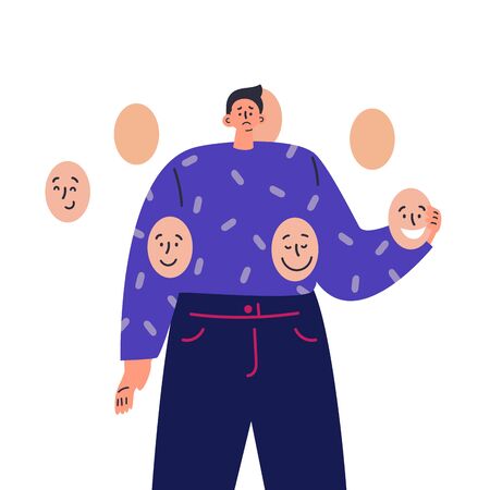 A young sad brunette man in dress holds mask with positive emotions.Concept of hiding personality or individuality, psychological problem.Flat cartoon colorful vector illustration.Change the mask.のイラスト素材