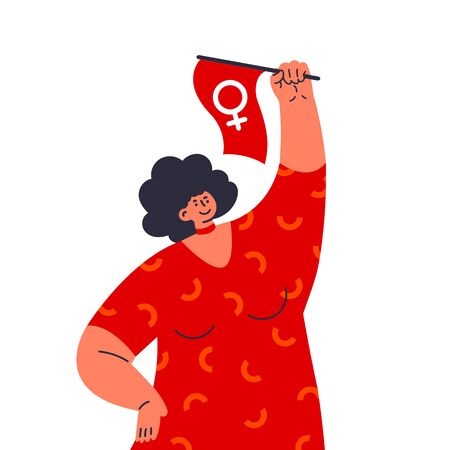 Woman raises her hand with flag with symbol of Venus.Fight like a girl,hand sign.Feminism concept.Woman empowerment.Flat vector illustration.Template design.Colorful cartoon characters.のイラスト素材