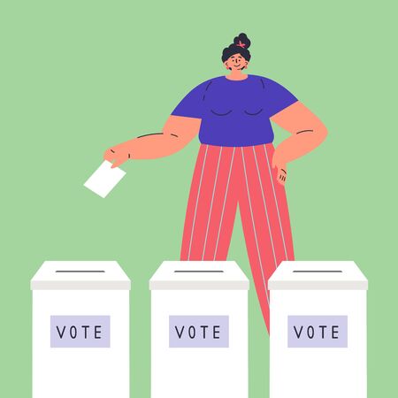 Confident happy woman is voting.Vote box.Woman chooses whom to vote for.Women have rights.Feminism concept.Flat cartoon character isolated on white background.Colorful vector illustration.のイラスト素材