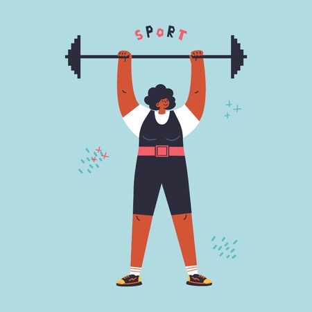 Happy young confiden woman with barbell.Profesional sportsman.Girl power.Feminism concept.Sport lettering.Flat cartoon character isolated on white background.Colorful vector illustration.のイラスト素材