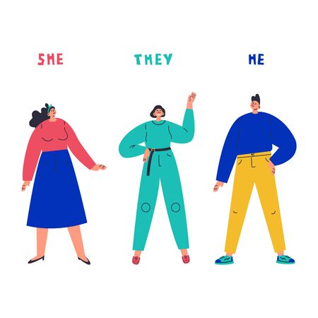 Three young people standing together.Inscription she,he,they.Gender-neutral movement.Teenager without gender stereotypes.Flat cartoon character on white background.Colorful vector illustrationのイラスト素材