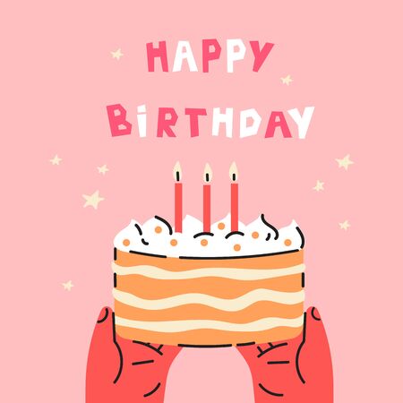 Happy Birthday postcard.Happy Birthday lettering.Trendy hand with cake.Hand drawn illustration.Greeting card.Invitation.Vector flat cartoon illustration isolated on pink background.のイラスト素材