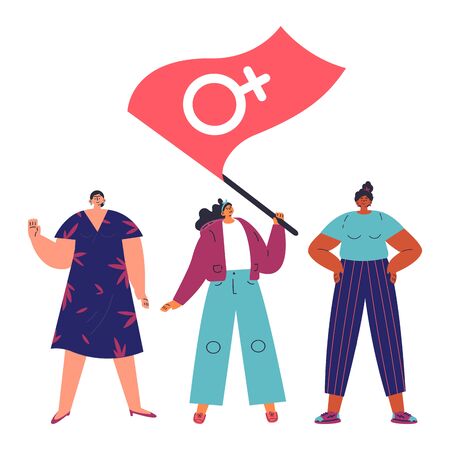Happy women standing together and waving the flag with a Venus sign.Group of female friends,union of feminists,sisterhood.Flat cartoon characters on white background.Colorful vector illustrationのイラスト素材