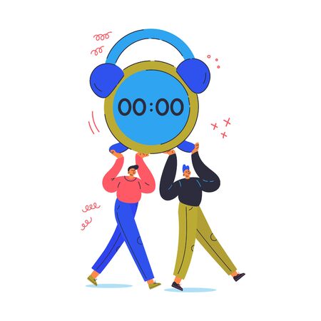 Time management concept.Tiny young men goes and carry big alarm clock.Plan your day.Cartoon characters isolated on white background.Flat color vector illustration.Team work.Reminder appのイラスト素材