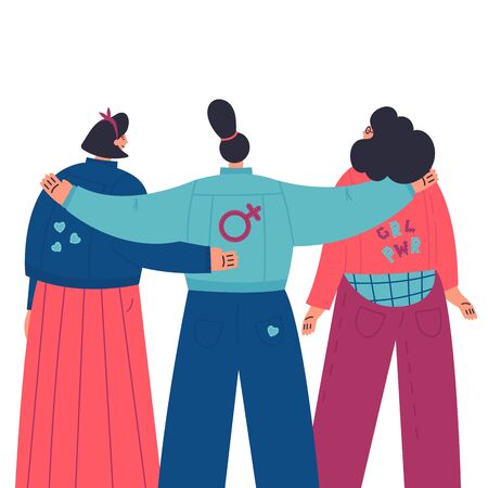 Happy women standing together and hug each other.Group of female friends,union of feminists,sisterhood.look from the back.Flat cartoon characters on white background.Colorful vector illustrationのイラスト素材