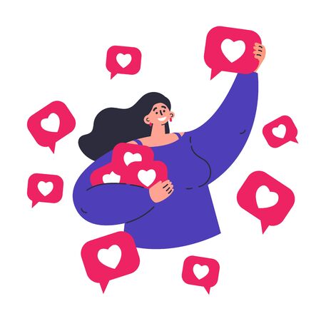 Young happy woman grabbing like notifications.Woman addicted to social media and online feedback.Addiction to internet approval and validation.Character on white background.Colorful illustrationのイラスト素材