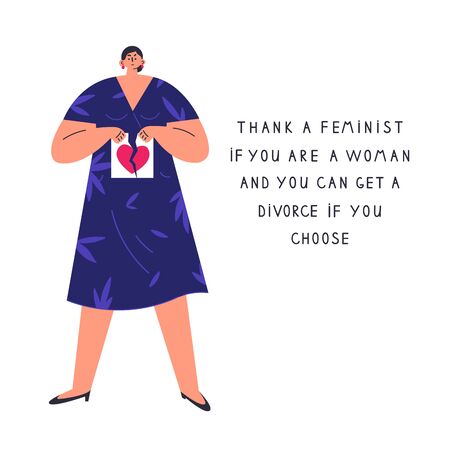 Confident woman get a divorce.A woman ends a relationship.Thank a feminist poster.Feminism concept.Flat cartoon character isolated on white background.Colorful vector illustration.のイラスト素材