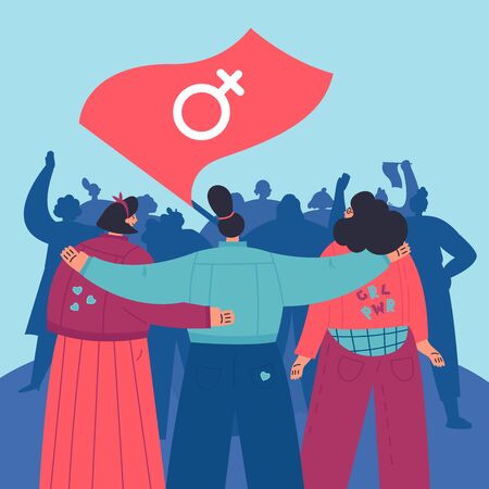 Women standing together and hug each other at the Womens Rights March.Group of female friends,union of feminists,sisterhood.Flat cartoon characters on white background.Colorful vector illustrationのイラスト素材