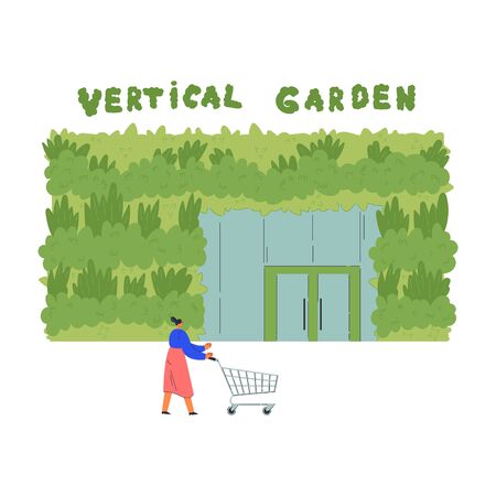Architecture with vertical garden.Environment friendly eco design of supermarket.Woman goes shopping with shopping cart.A new way to decorate the exterior with house greenery.Vector flat illustrationのイラスト素材