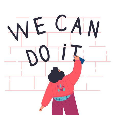 Happy confident woman draws graffiti on the brick wall.We can do it lettering.International women day.look from the back.Flat cartoon characters on white background.Colorful vector illustrationのイラスト素材