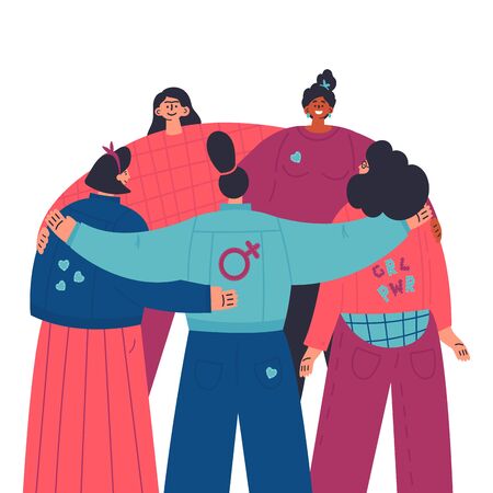 Happy women standing together and hug each other.Group of female friends,union of feminists,sisterhood.look from the back.Flat cartoon characters on white background.Colorful vector illustrationのイラスト素材