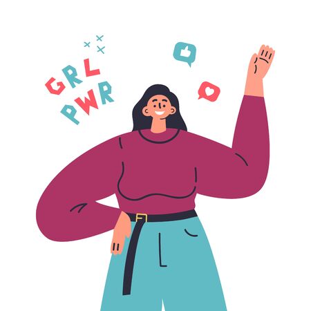 Happy young confident woman waving her hand.Girl power.Feminism concept.Happy womans day.Women March.Flat cartoon character isolated on white background.Colorful vector illustration.のイラスト素材
