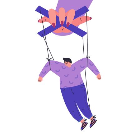 A woman manipulates and abuses a man.Manipulation female hand.Unhealthy toxic relationships where a woman manipulates a man.Flat cartoon character isolated on white background.Vector illustration.のイラスト素材