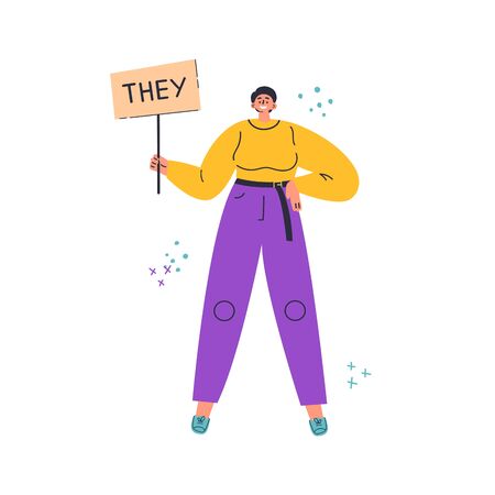 Three young people standing together.Inscription she,he,they.Gender-neutral movement.Teenager without gender stereotypes.Flat cartoon character on white background.Colorful vector illustrationのイラスト素材