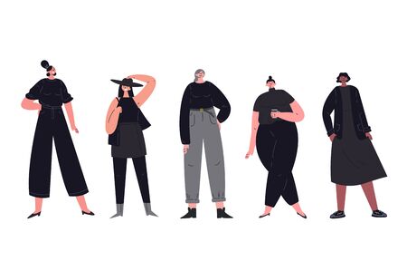Group of multicultural women.Young girls dressed in different shades of black and gray.Happy teenager in casual clothes, youth lifestyle.Flat cartoon characters.Colorful vector illustration.のイラスト素材