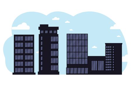 Black business centers buildings and modern city houses.City illustration.Towers and buildings on the sky background. Flat cartoon design isolated on white background.Colorful vector illustration.のイラスト素材