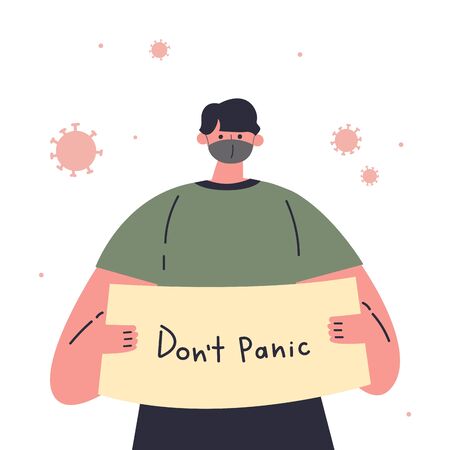Coronavirus pandemic.Novel coronavirus 2019-nCoV.Man in gray medical protective mask holding a tablet with message.Do not panic.Coronavirus quarantine vector illustration.Flat cartoon characterのイラスト素材