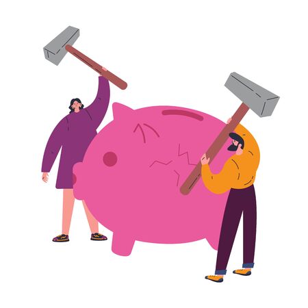 Concept of coronavirus economic crisis during quarantine.Novel virus 2019-nCoV.Woman and man smashed a savings piggy bank with a hammer because of the crisis.Flat vector cartoon illustration.のイラスト素材