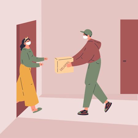 Coronavirus.Novel virus 2019-nCoV.Delivery of food.A young courier delivers the products ordered online to the door.Online shopping.Concept of coronavirus quarantine vector illustration.Flat characterのイラスト素材