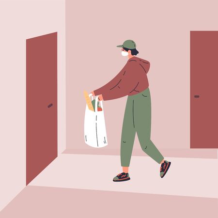 Coronavirus.Novel virus 2019-nCoV.Delivery of food.A young courier delivers the food ordered online to the door.Online shopping.Concept of coronavirus quarantine vector illustration.Flat characterのイラスト素材