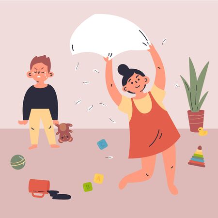 Coronavirus pandemic.Novel virus 2019-nCoV.Children quarantined.Kids are bored at home and tease each other.Brother with sister quarantined.Vector colorful illustration.Flat cartoon charactersのイラスト素材